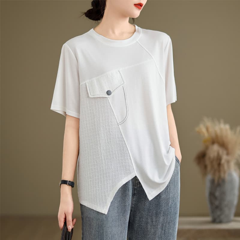 Casual Fit T-Shirt for Women 2025 New Arrival Age-Defying Summer Style Slimming Short Sleeve Round Neck Fashion Asymmetric Top