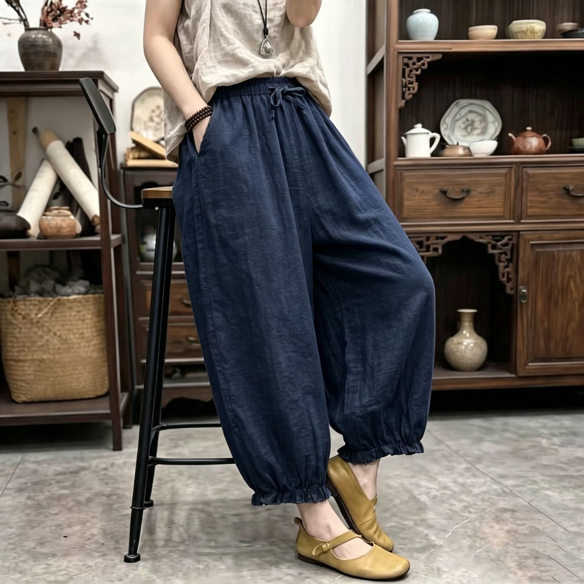 Casual pants, nine-point pants, lace buds, slim, fashionable, loose-fitting bloomers, retro women's fungus, cotton, versatile