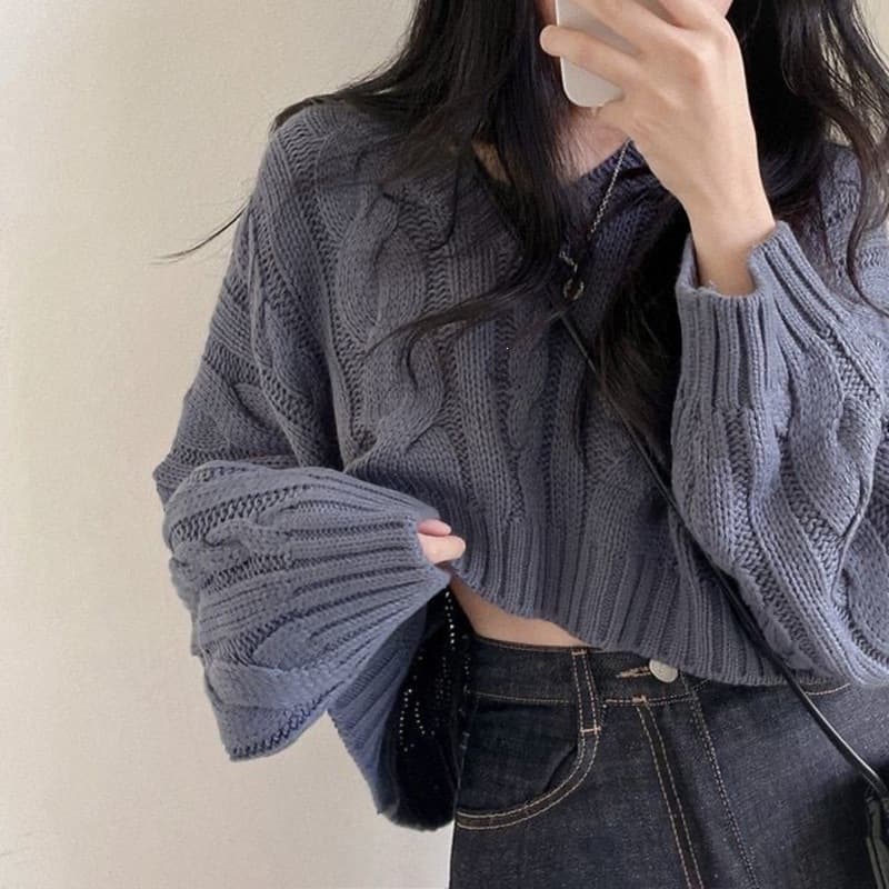 Korean chi retro twist thick knit sweater pullover short long-sleeved sweater for women black one size apricot blue