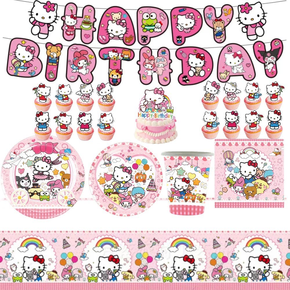 Pink KT Cat Birthday Party Decoration Set Hello Kitty Paper Cups Paper Plates Kitty Birthday Banner Cake Topper