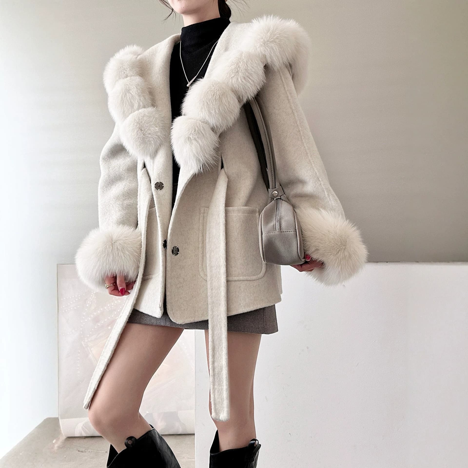Fox Fur Hooded Cape Tie-Waist Short Coat for Women, Soft Cream White Double-Sided Wool Outerwear