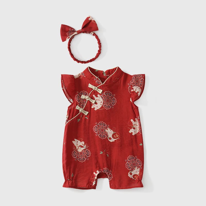 Baby Summer Romper Girls Chinese Style Bodysuit Short Sleeve Onesie for Newborn 100 Days Celebration
