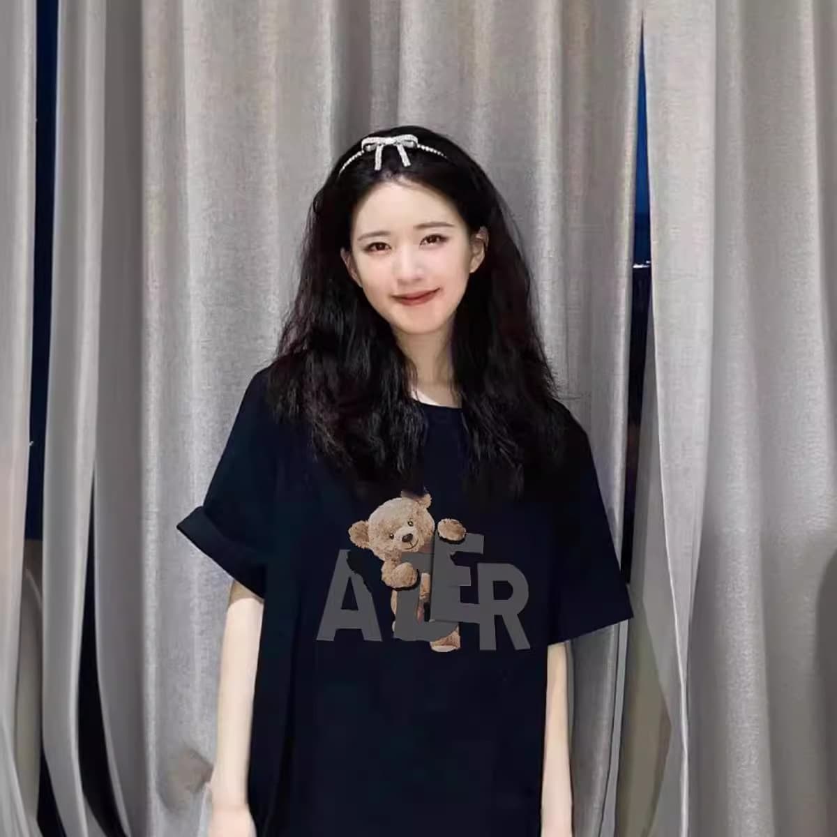 American Retro Bear Print Short-Sleeved White T-Shirt for Women Summer New Design Mid-Length T-Shirt Women's Top Trendy