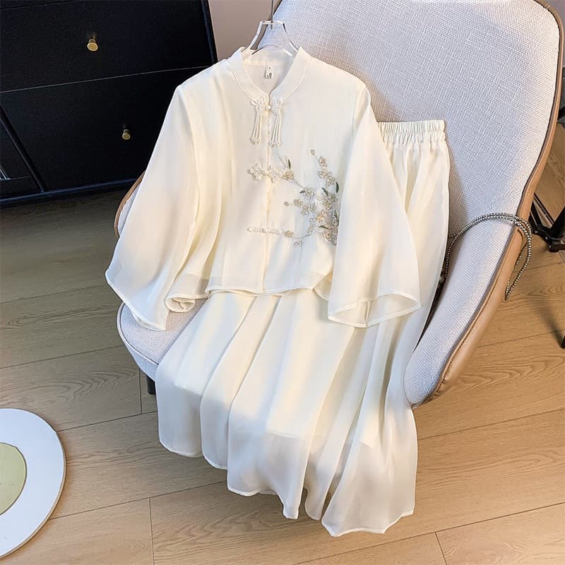 New Chinese Style Stand Collar Modified Cheongsam Top Heavy Embroidery Hand Beading Elegant Hanfu Two-Piece Set