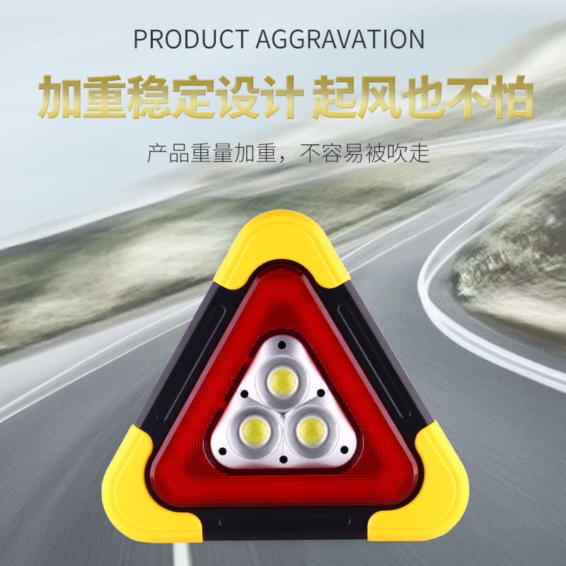 Car Triangle Warning Sign with Auto-Illumination, Reflective Solar-Powered Emergency Light for Parking