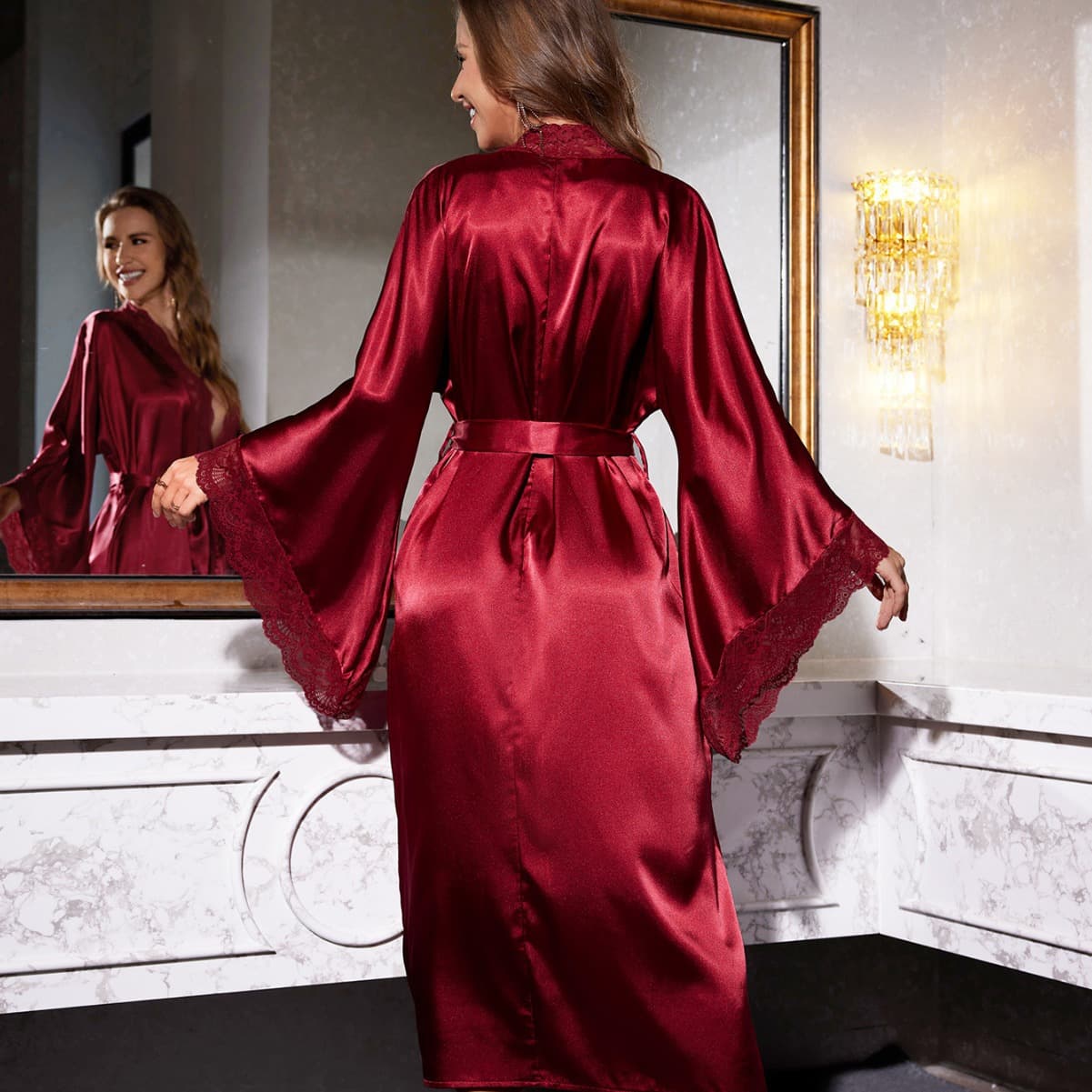 Magic cross-border supply European and American new satin lace long-sleeved pajamas, nightgowns, comfortable home clothes