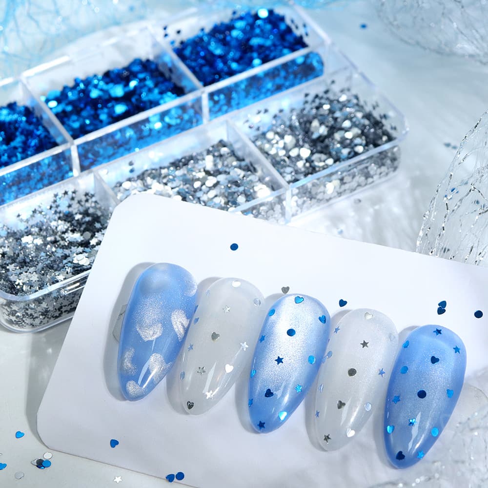 Exploding 6-frame mini love silver and blue nail art sequins spring and summer 1mm star color glitter nail accessories wholesale