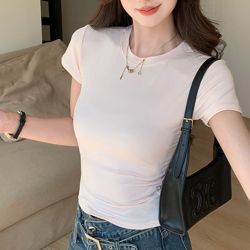 H586 round neck front shoulder short sleeve women's summer hot girl design simple fashion close-fitting slimming inside and outside T-shirt top