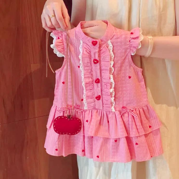 Girls Korean style small flying sleeve dress summer 2025 new style children's baby girl fashionable polka dot pink vest dress