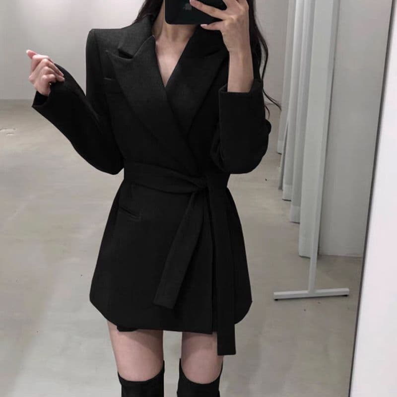 Blazer 2025 Spring Autumn Retro Hong Kong Style Top Korean Loose Fit Waist Tie Elegant Suit Jacket Women's Fashion