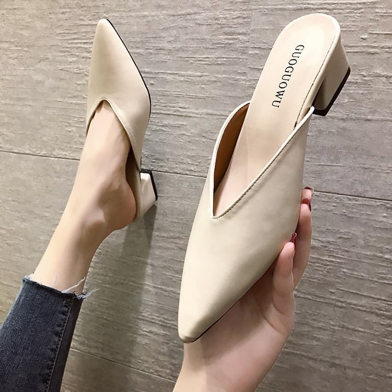 Fitting shoes high-heeled slippers spring and summer new style thick heel pointed toe toe outer wear half-sandal slippers for women