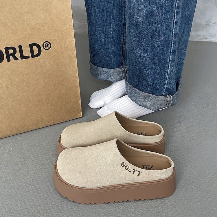 Vintage Retro Closed-Toe Mule Slippers for Women Autumn Winter 2024 New Style Platform Chunky Heel Casual Ins Fashion