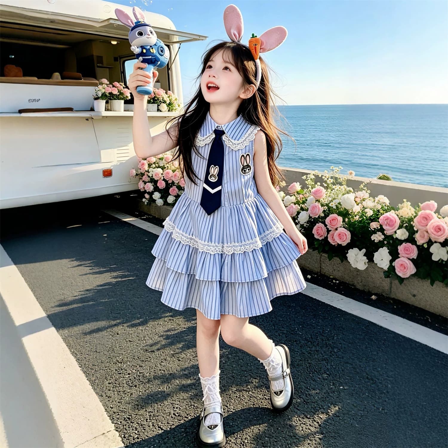 Girls' Dress Summer New Children's Doll Collar Striped Pinafore Dress Summer Thin Little Girl Cartoon Dress