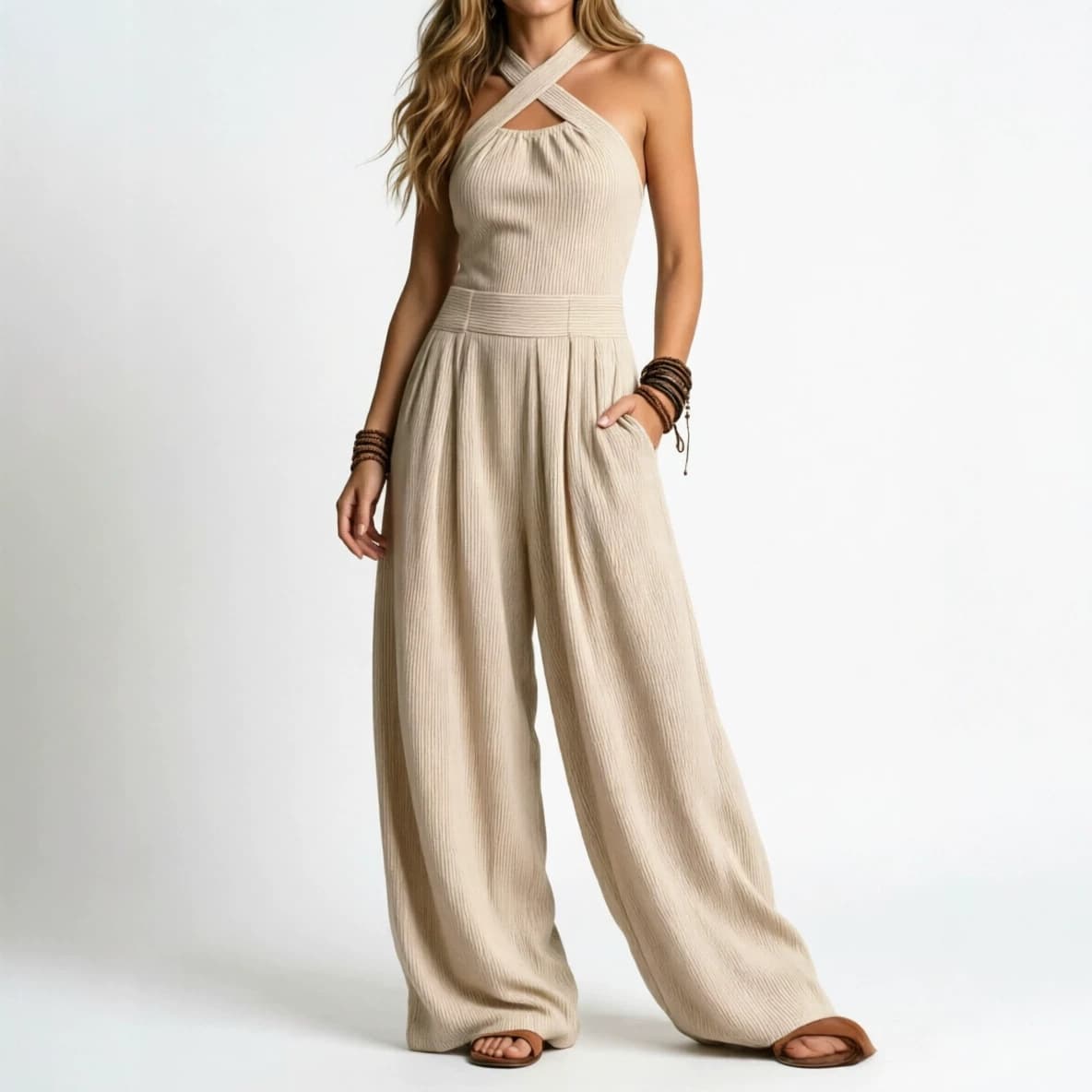 2026 European and American cross-border women's knitted draped loose wide-leg jumpsuit Cross halter neck hollow jumpsuit