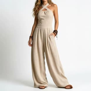 2026 European and American Cross-Border Women's Knitted Flowy Loose Wide-Leg Jumpsuit with Cross Necklace Hollow Design