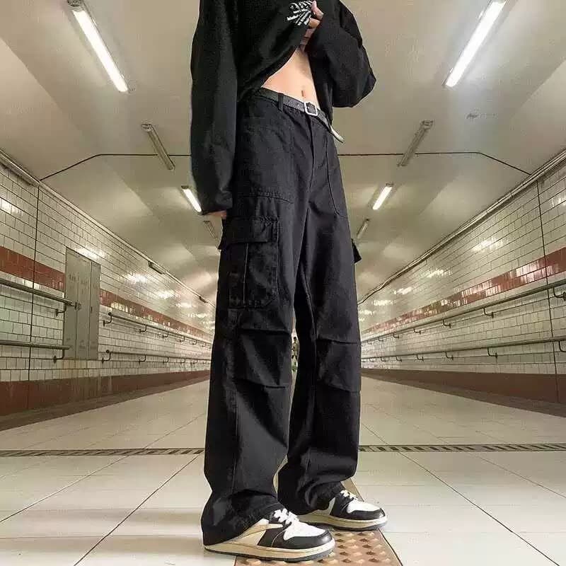 American high street black workwear jeans for men in spring trendy brand handsome loose straight wide leg casual paratrooper pants
