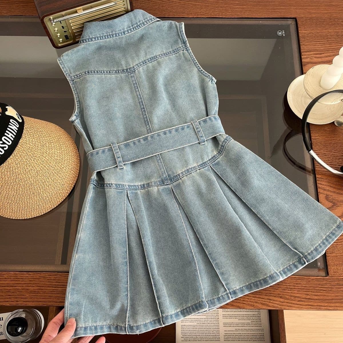 Girls' sleeveless denim skirt summer new Korean style children's lapel waist vest baby dress with belt