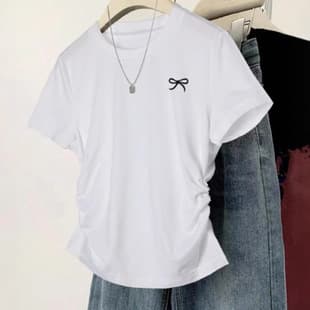 In Stock Cute Style Square Shoulder Short Sleeve T-Shirt Printed Fitted Waist Slimming Versatile Korean Slim Fit Plus Size Chubby Top Summer