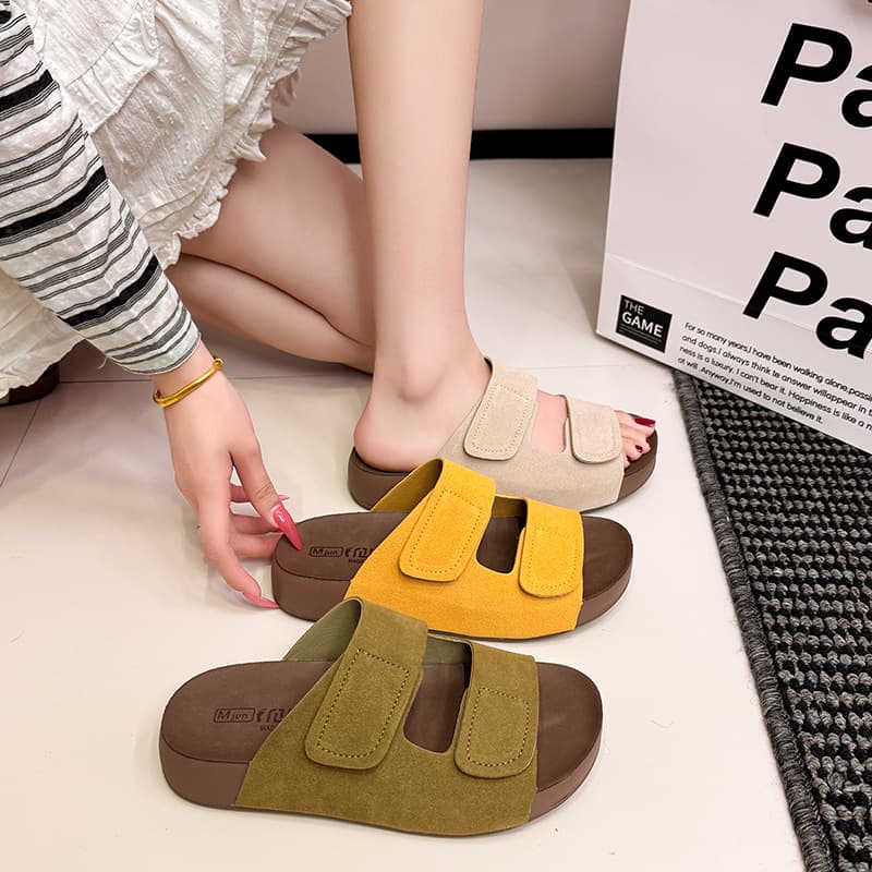 Green Thick Sole One-Strap Sandals 2026 New Style Velcro Outdoor Soft Sole Lazy Sandals Beach Casual Slippers