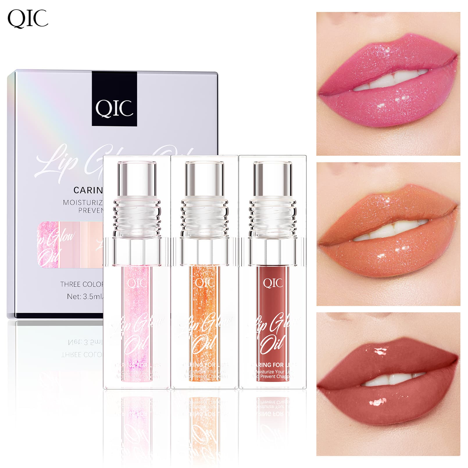 QIC Qinicai Lip Oil 3-Piece Set, Hydrating, Mirror Shine, Moisturizing Base, Plumping Lip Gloss Oil, Color-Changing Lip Oil, Makeup