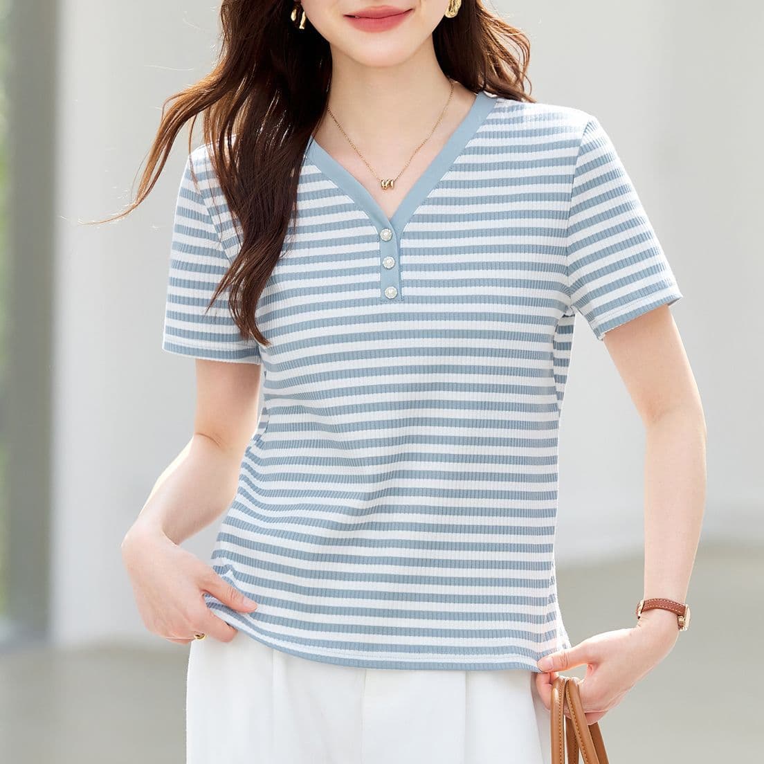 Striped v-neck short-sleeved t-shirt for women 2026 new summer women's fit-fitting temperament slim right shoulder top half-sleeved T-shirt