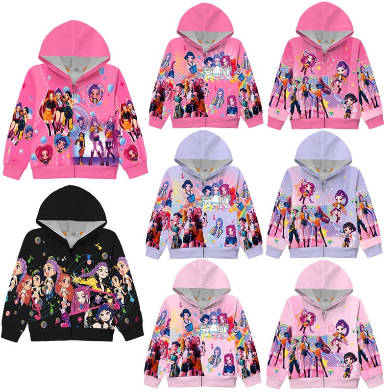 2025 New Cross-border: Witch Hunter Squad Print Middle/Big Girls Jacket Zippered Hooded Jacket