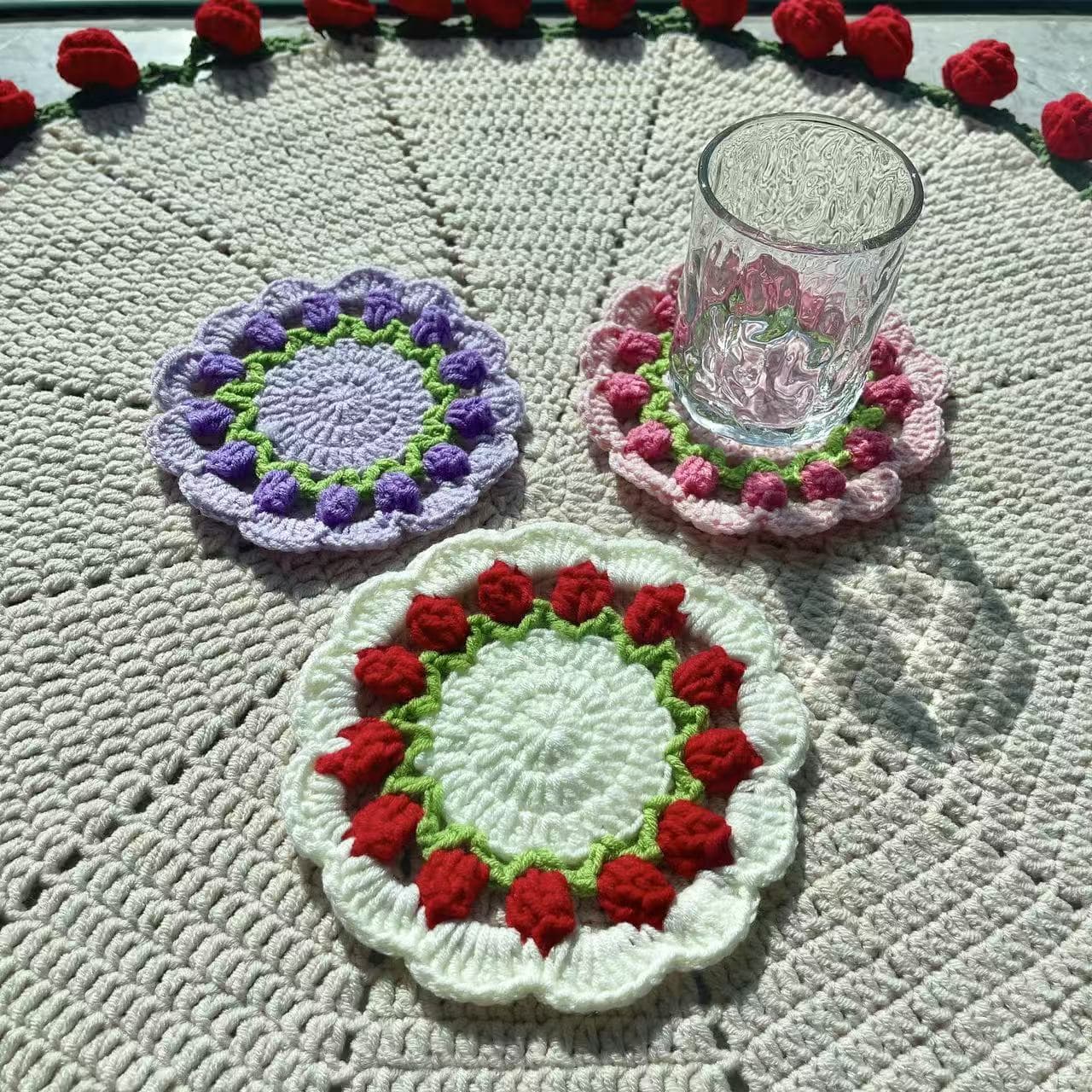 Cross-Border Finished Rose Bouquet Coaster Handmade Crochet DIY Knitted Tulip Hook Flower Premium