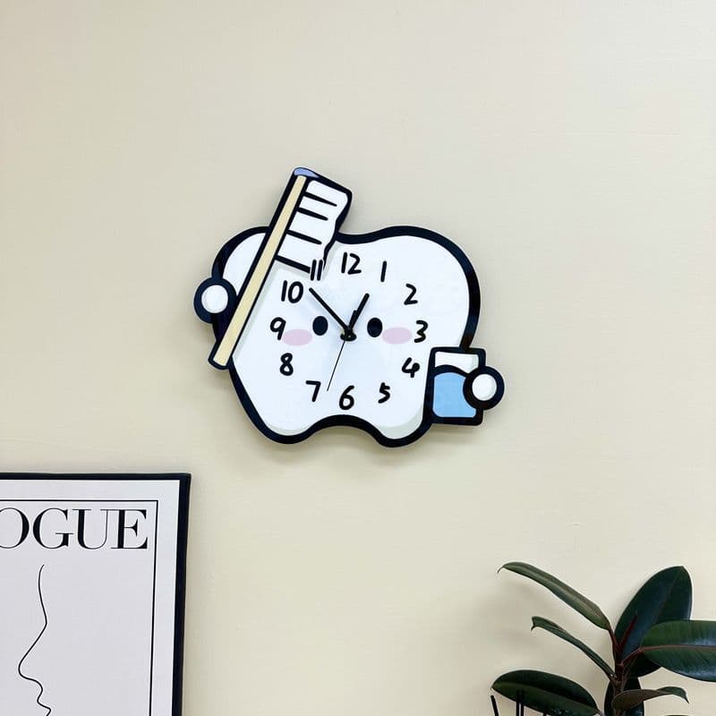 Cartoon Tooth Wall Clock for Home Living Room and Bedroom Simple Silent Clock Modern Cute Kindergarten Punch-Free Clock