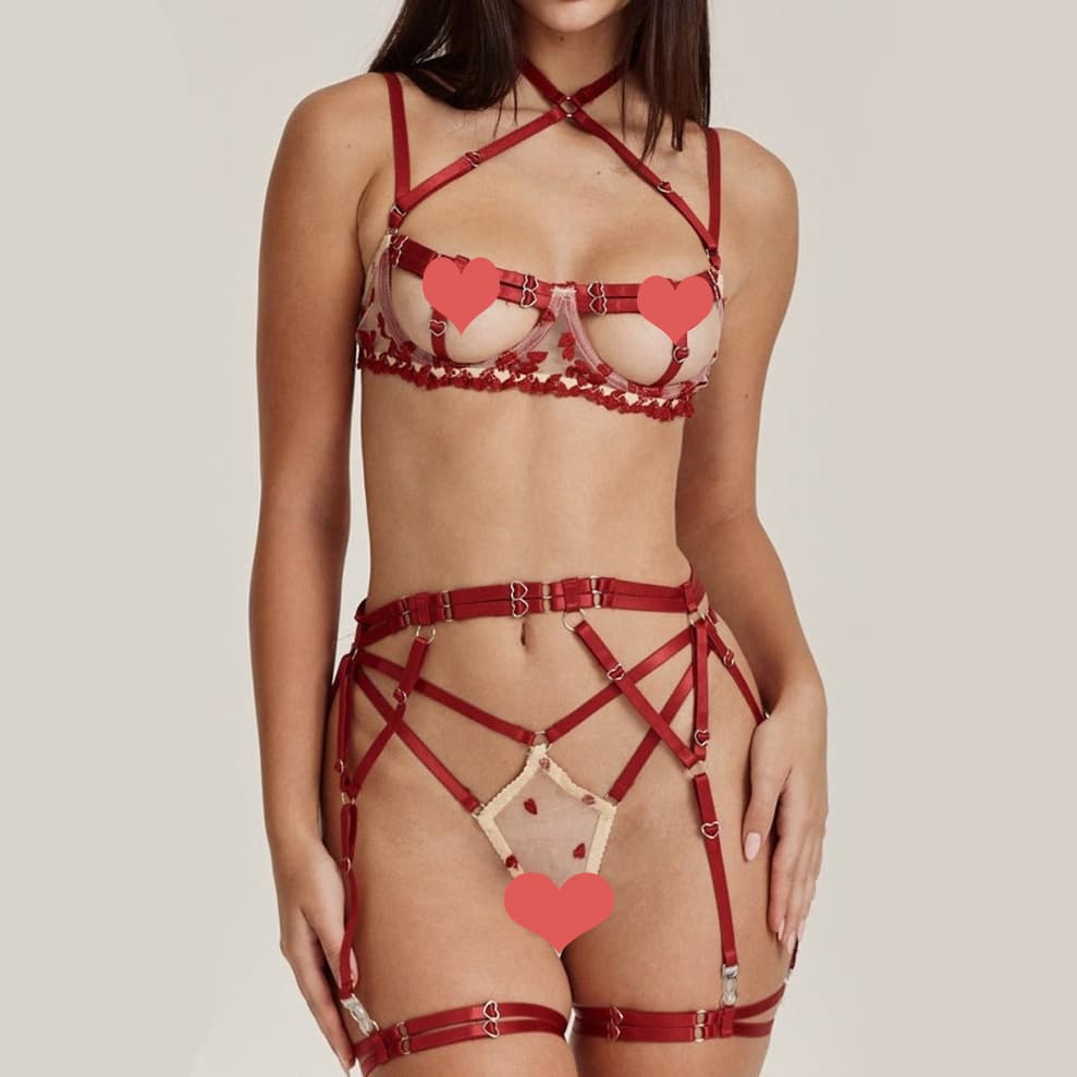 Sexy Women's Fashion Color Block Lingerie Set, Intricate Heavy Workmanship, Bralette and Panty 5-Piece Underwear Set