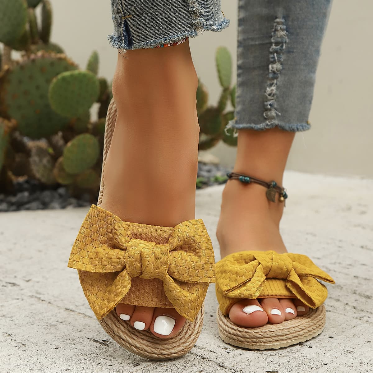 New Summer Women's Flat Sandals Solid Color Fashion Trendy Indoor Outdoor Yellow Bow Lightweight Slippers