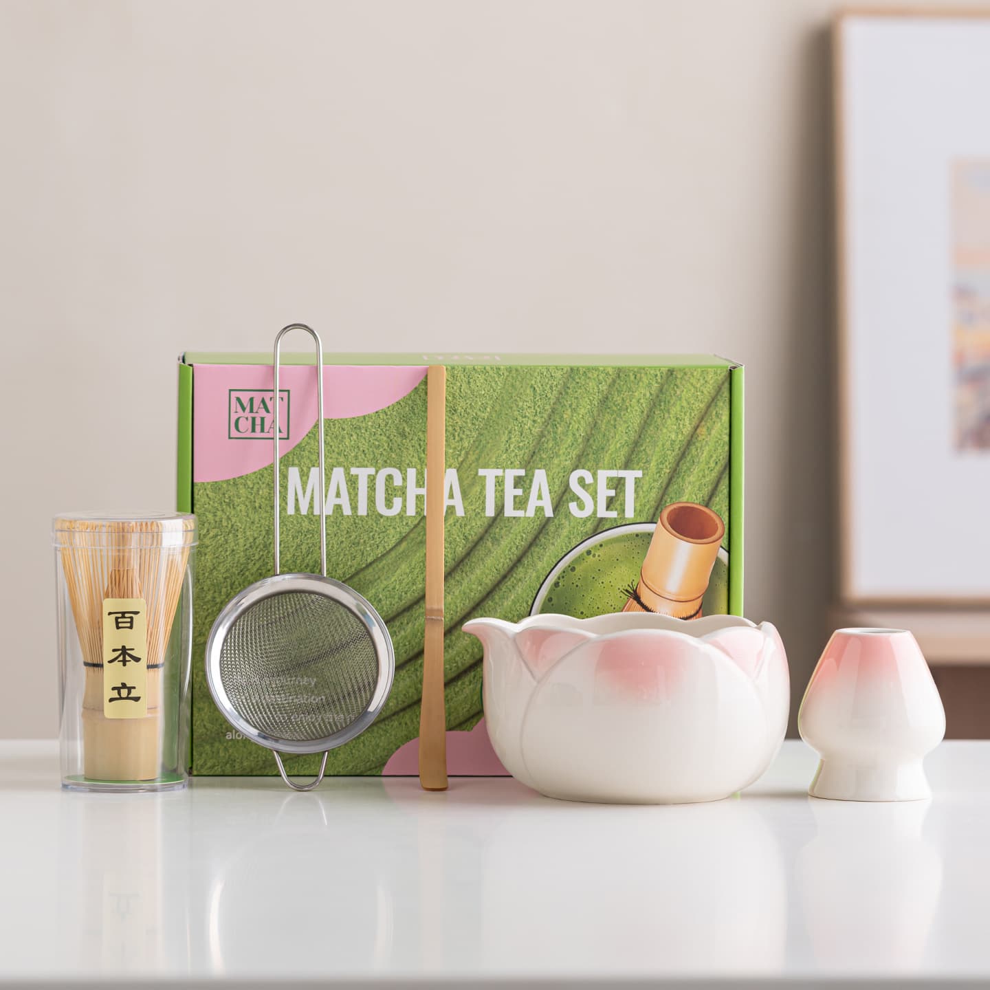 Amazon Cross-Border Matcha Bowl Set, Petal-Shaped Bowl with Spout, Ceramic Salad Bowl, Matcha Whisk, Matcha Tools