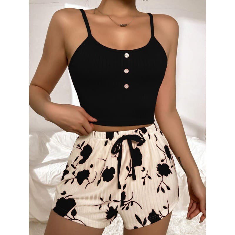 Women's Loungewear Print Camisole Shorts Casual Sexy Ribbed Wear-Out European American Women's Pajamas Casual Comfort