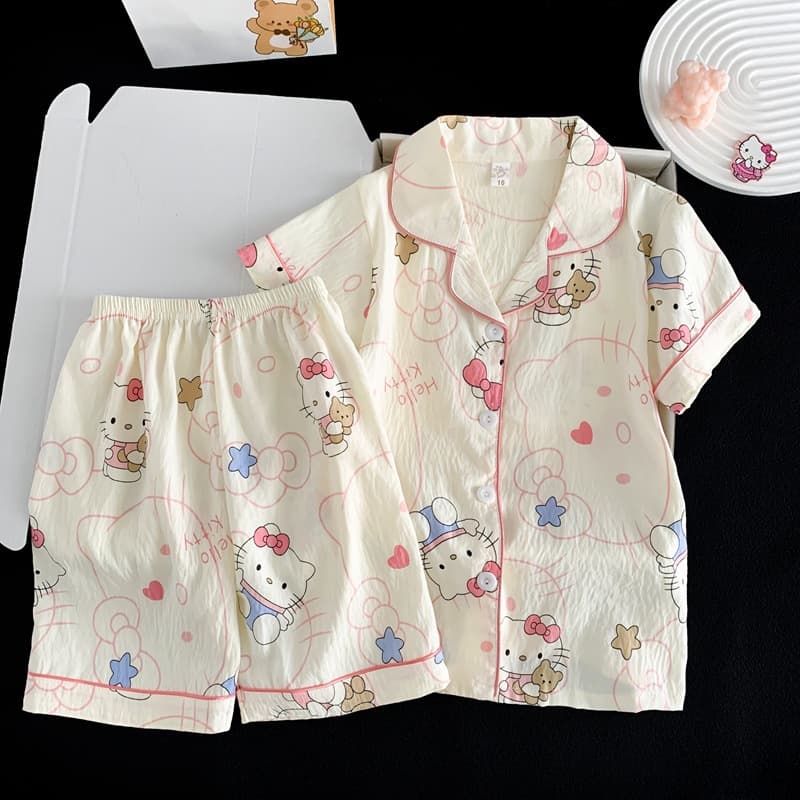 Girls Pajama Set Summer Short Sleeve Thin Kids Cartoon Cloud Cotton Homewear for Toddlers and Big Girls Wear Out