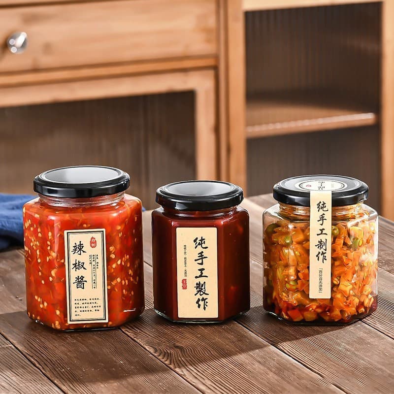 Wholesale hexagonal glass bottles, 1-pound pickle jars, airtight glass canning jars, household honey jars