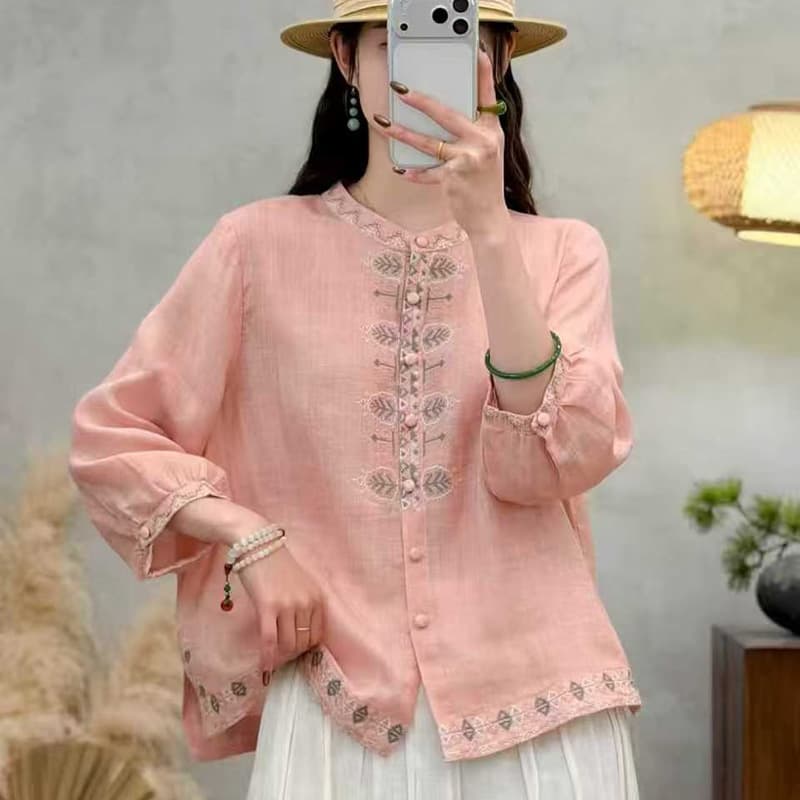2026 Summer New Ramie Embroidery Blouse for Women, Stand Collar, Single-Breasted, Loose Fit, Three-Quarter Sleeve Top