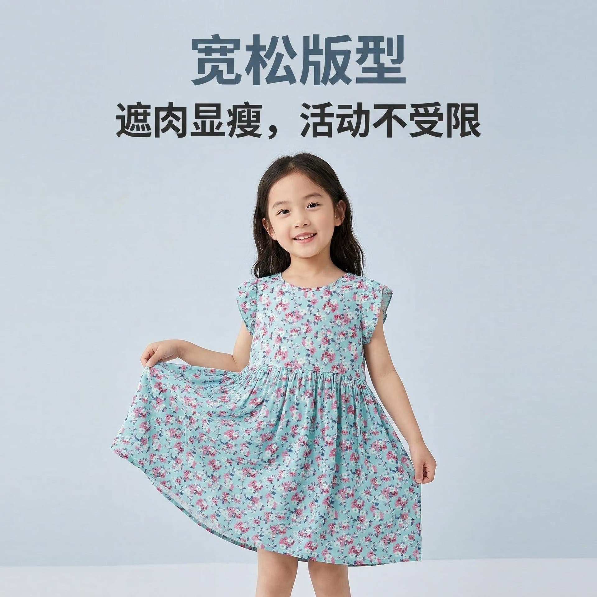 Summer Girls Floral Dress Mother-Daughter Matching Flutter Sleeve Cotton Thin Breathable Home & Beach Dress Class A