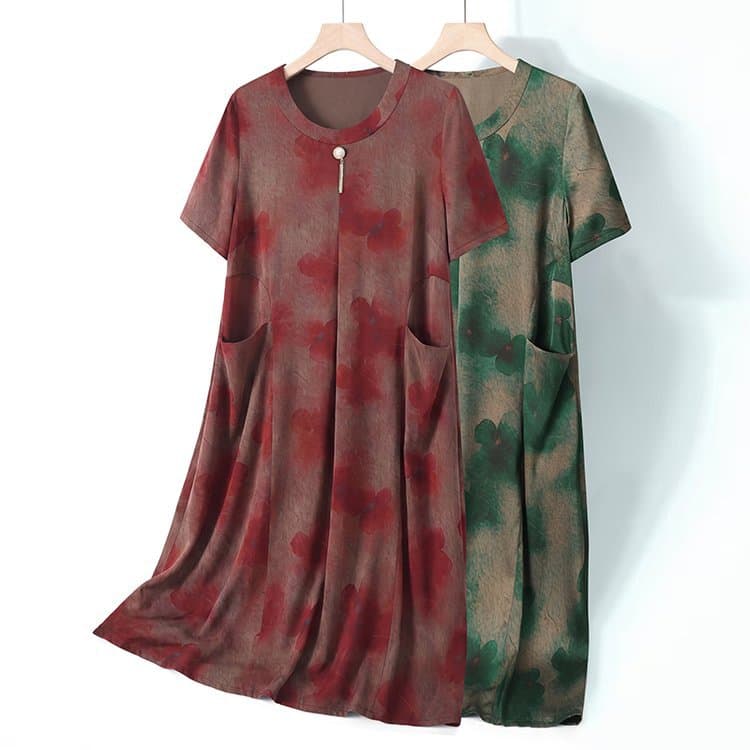 Elegant Vintage Floral Plus Size Dress for Seniors, Loose Comfortable Short Sleeve Long Dress, Two Colors Available