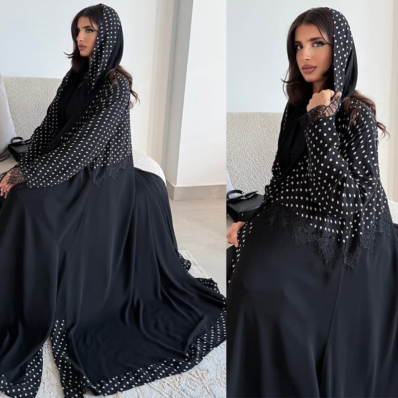 LN260 Modest New Fashion Long Dress Lace Trim Patchwork Craft Polka Dot Headscarf Cardigan Coat Outerwear