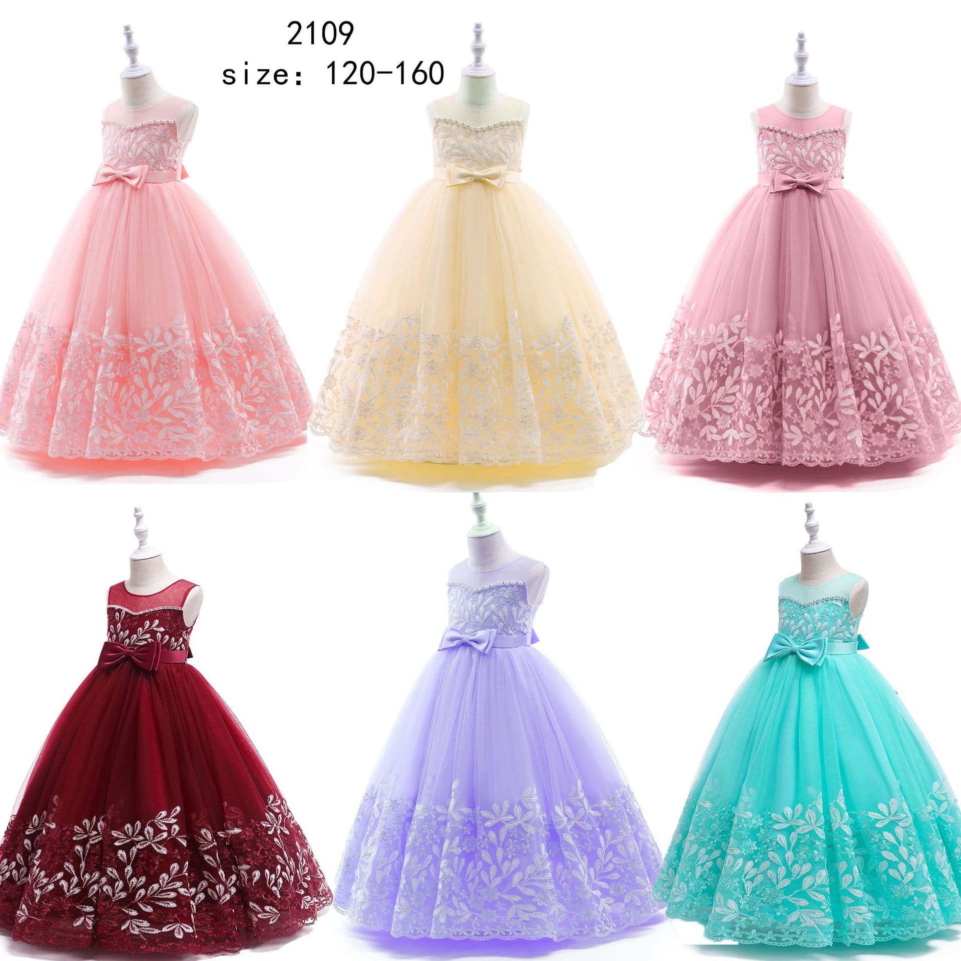 Cross-border children's long princess dress, girls' runway evening gown, embroidered piano performance costume, stylish flower girl dress