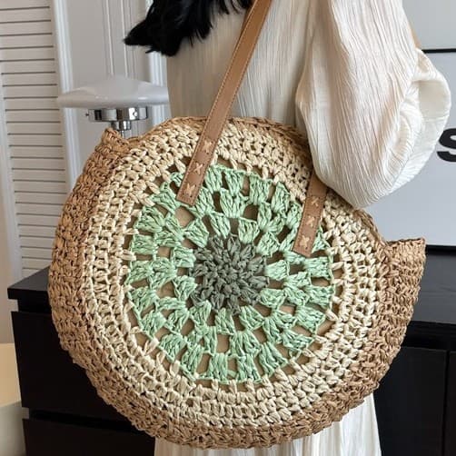 Retro lazy style woven bag, large round cake bag, shoulder bag, armpit bag, colorful straw bag, large tote bag