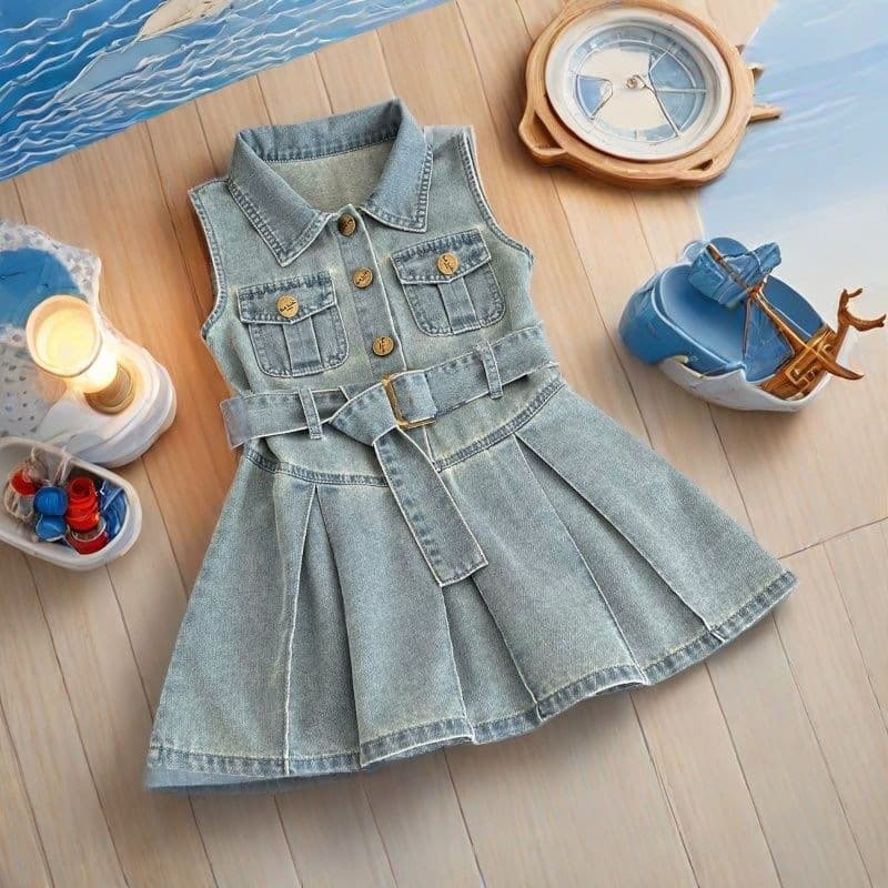 Girls' Sleeveless Denim Dress - Summer New Korean Style Children's Turn-Down Collar Waist-Tightening Baby Dress with Belt