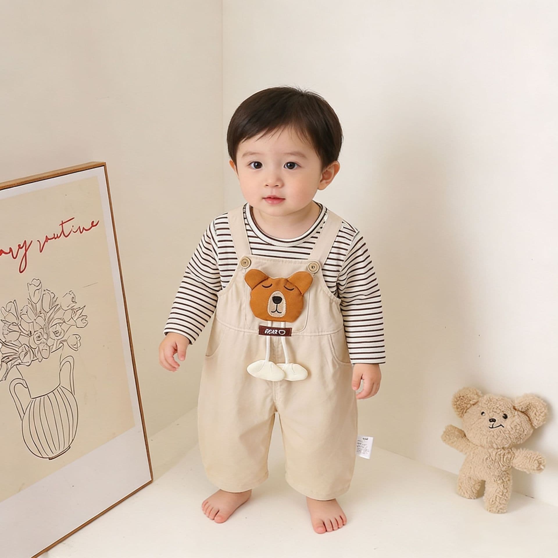 Infants and toddlers spring and autumn new style cute style boys three-dimensional cartoon Mimi bear overalls suit with western style going out clothes