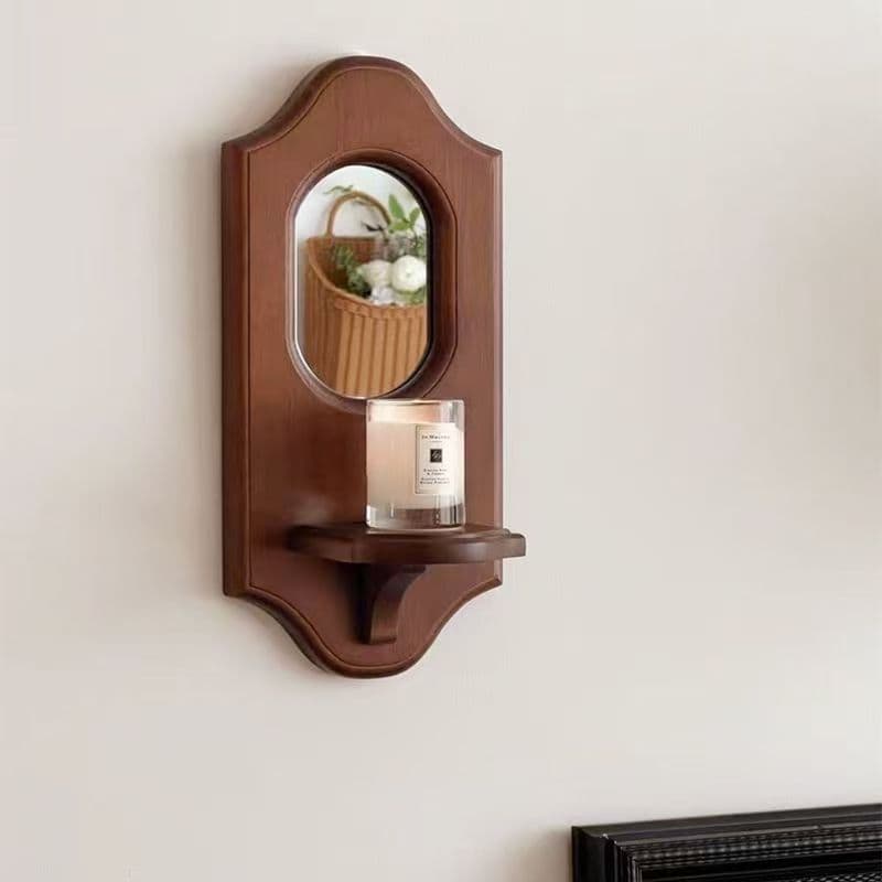 Vintage Wall Mirror with Medieval Scented Candle Holder Shelf, French American Style Wall Decor for Coffee Shop Restaurant