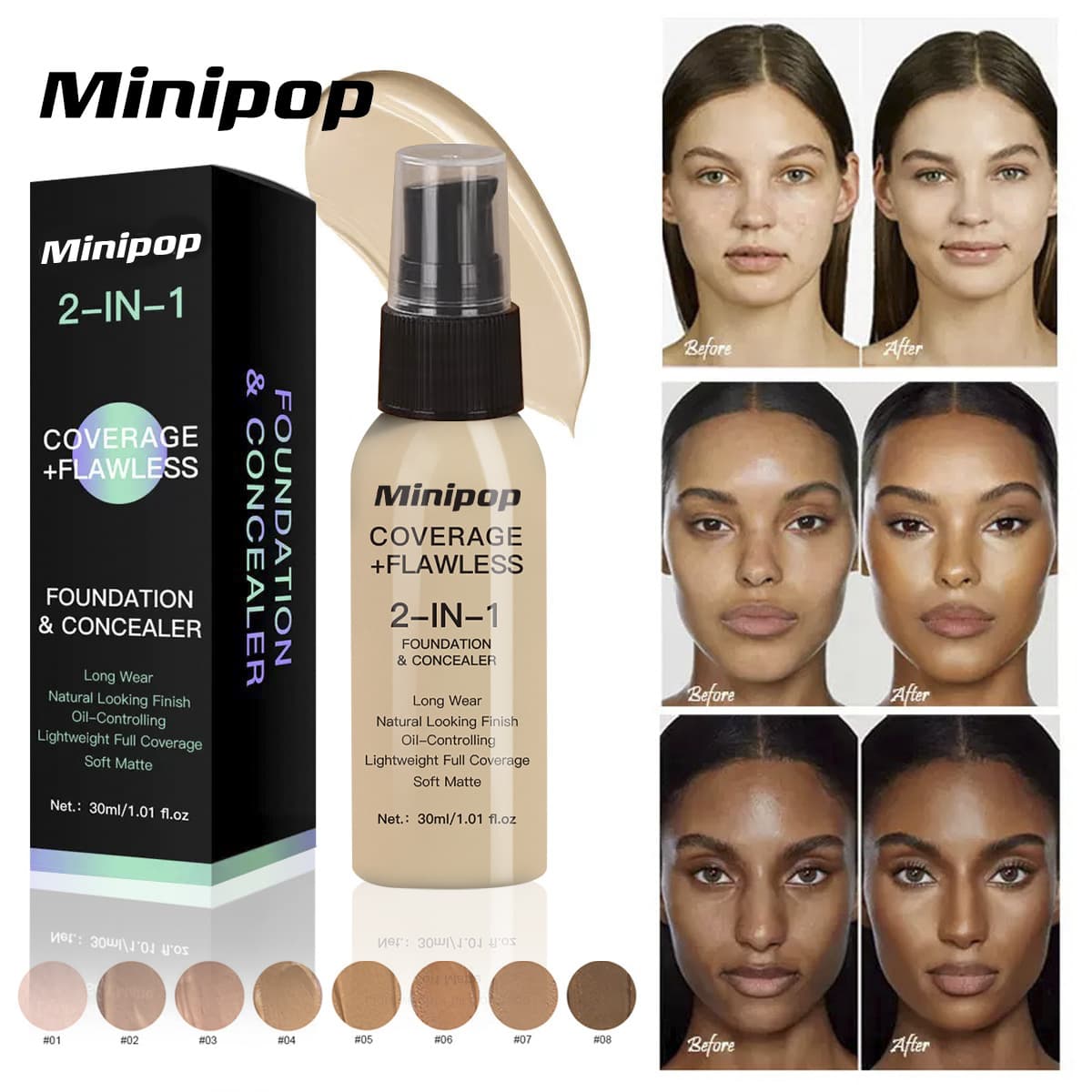 Cross-Border Makeup Foundation Specially Designed with 8 Colors: Long-Lasting, Transfer-Proof, Waterproof, Sweat-Proof, Easy to Apply, Oil-Controlling, and Concealing Foundation