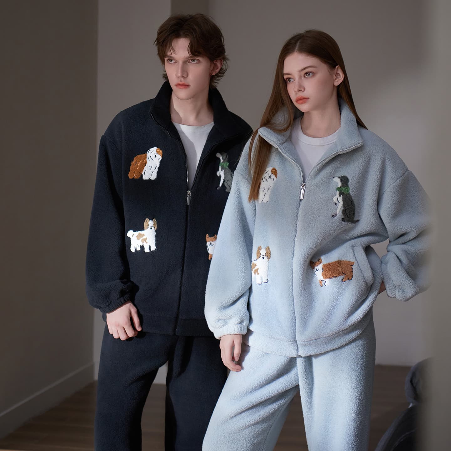 Couple Pajamas Men's Winter Lamb Fleece Thickened and Lined Wearable Outdoors Women's Autumn Winter Zip-Up Homewear