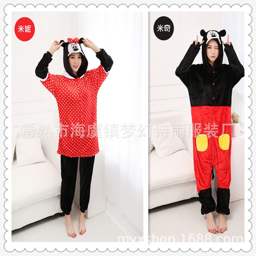 Unisex Cartoon Mickey Minnie Mouse Flannel Pajamas Couple Homewear Kids Boys Girls Jumpsuit Nightwear