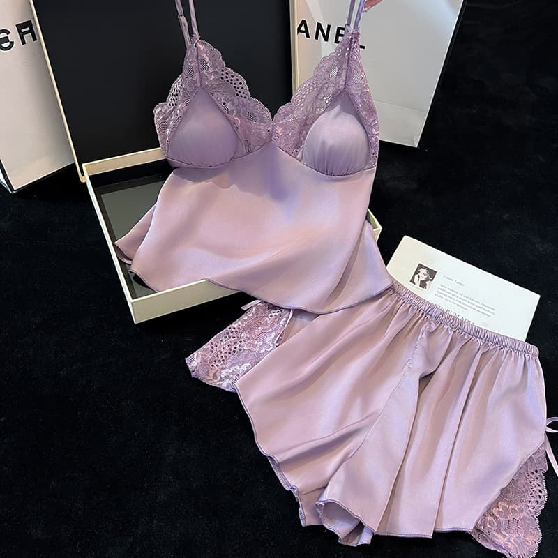 Ice Silk Pajamas Women Camisole with Padded Bra and Shorts Sexy Sweet Style Breathable Comfortable Homewear Three-Piece/Two-Piece Set