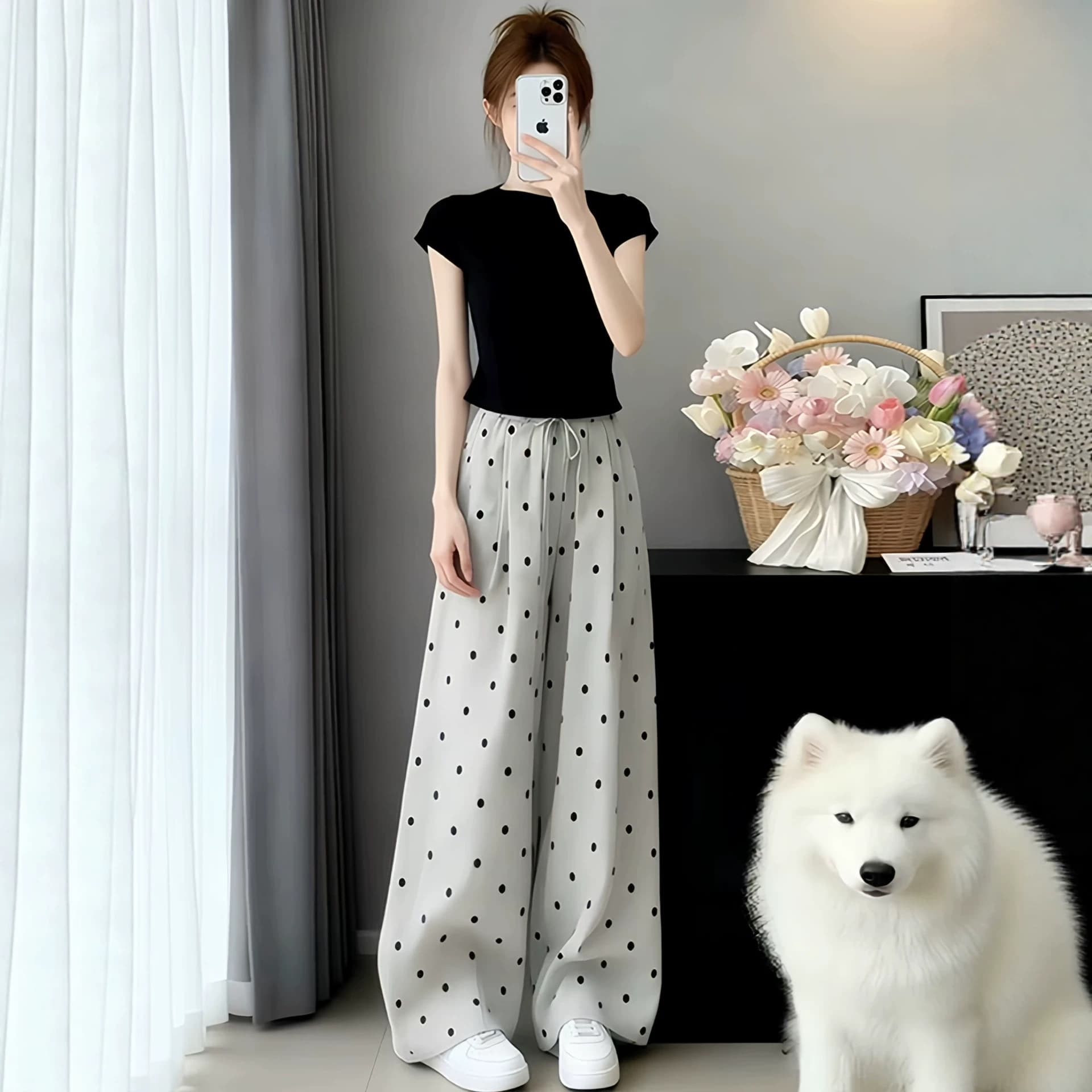 2026 Summer New Polka Dot High-Waist Wide-Leg Pants Black Top Two-Piece Korean Style Casual Set for Women