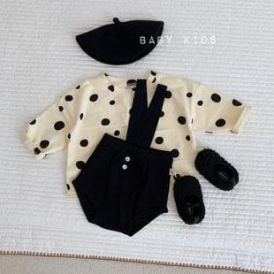 Ins Style Korean Spring Autumn Baby Boy Girl Polka Dot Loose Long Sleeve T-Shirt + Black Strap Diaper Shorts Set Trendy