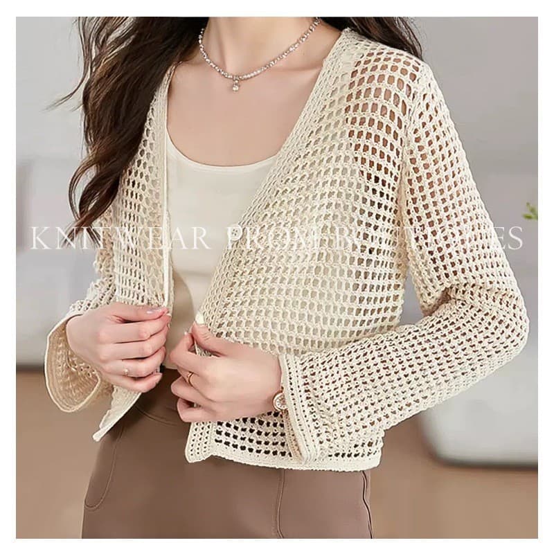 Summer new style hollow micro-transparent blouse short knitted cardigan women's loose air-conditioned shirt layered with sun protection long-sleeved top